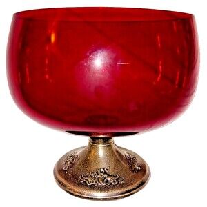 Gorham Sterling Ruby Red Crystal Compote Footed Candy Bowl Holiday Vintage